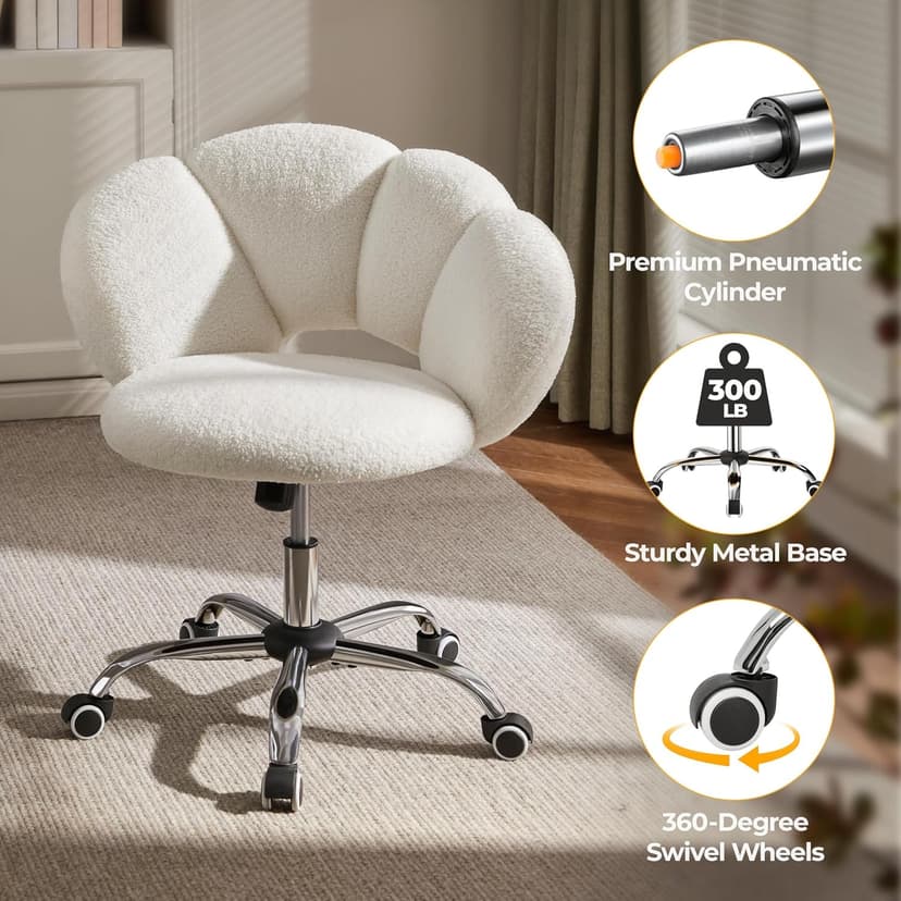 Yaheetech Boucle Upholstered Desk Chair Cloud-Shaped Vanity Chair Adjustable Home Office Computer with Rolling Wheels for Living Room, Bedroom White