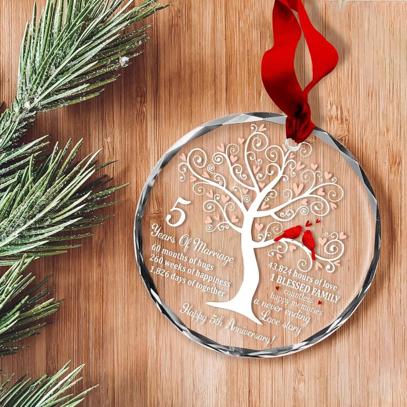 5th Wedding Anniversary Glass Ornament for Couple, Wife, Husband or Parents, Unique Wood Wedding Anniversary Idea, A Meaningful Christmas Decor to Celebrate Five Years of Love