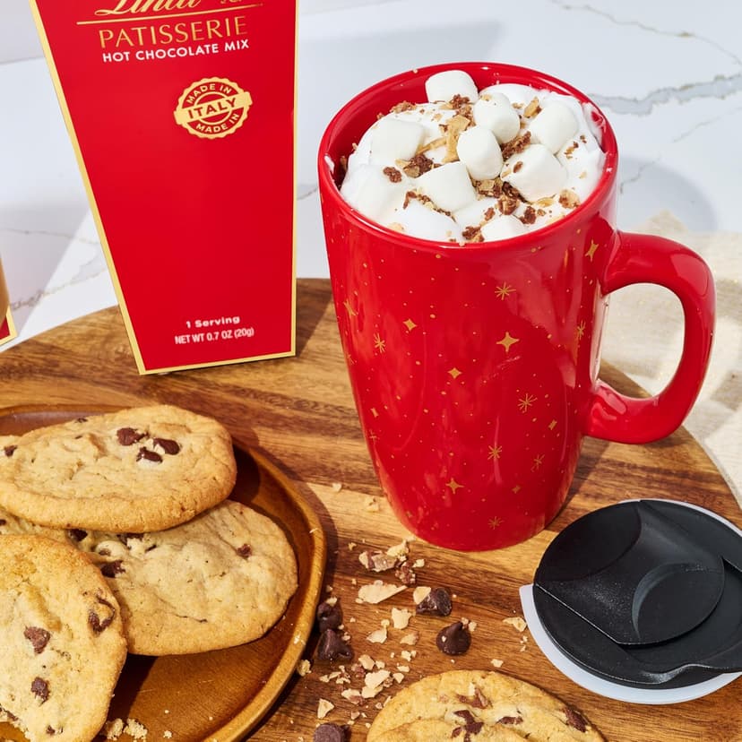 Travel Mug and Hot Cocoa Set, Includes Lindt Gourmet Hot Chocolate Mix and Ceramic Travel Tumbler with Lid in a Giftable Box, Great for Christmas