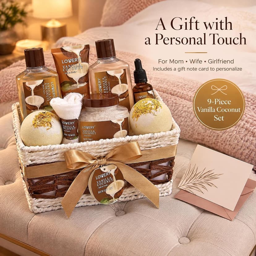 Gifts For Women Gift Basket for Women– 9 Piece Set of Vanilla Coconut Home Spa Set, Includes Fragrant Lotions, Extra Large Bath Bombs, Coconut Oil, Luxurious Bath Towel & More