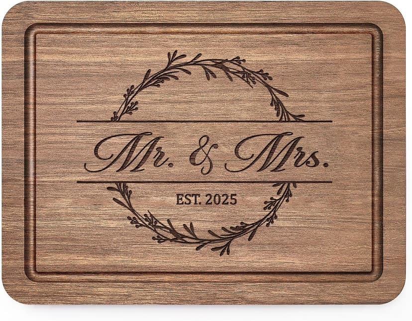 Craftique Wedding Gifts for Couples 2025, Bridal Shower Gifts- Walnut Wood Cutting Board Engraved with Mr. and Mrs. EST. 2025- Mr and Mrs/Wedding/Engagement Gift for Newlyweds Bride and Groom