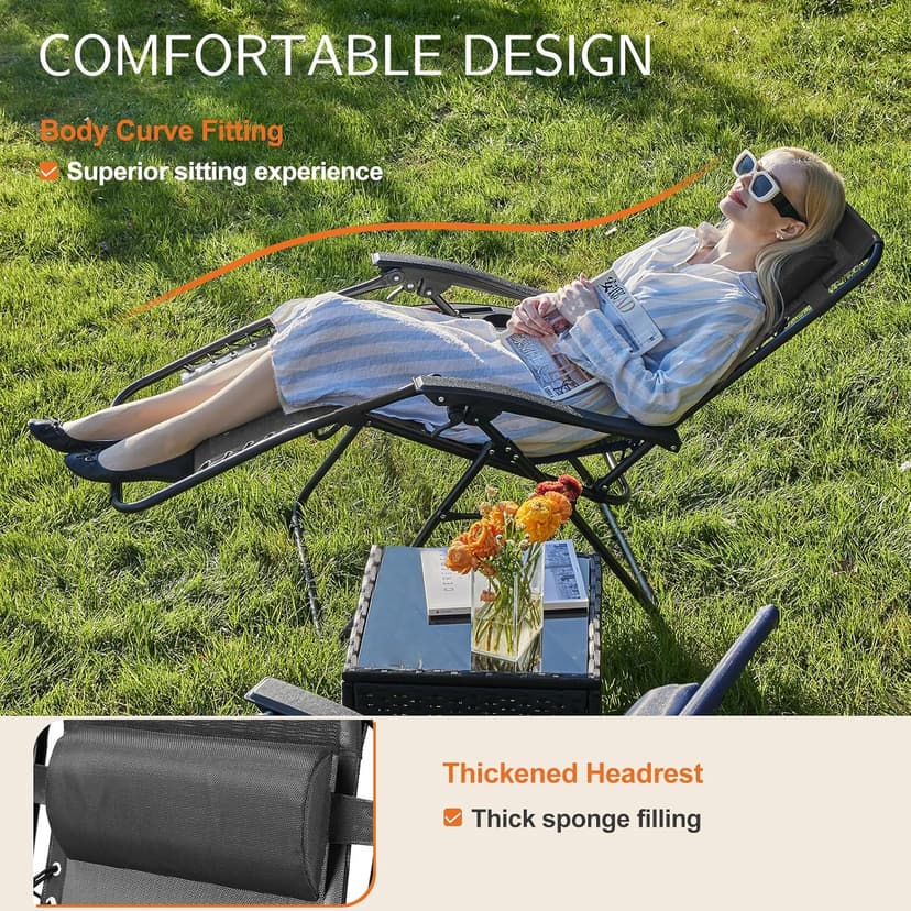 Sweetcrispy Zero Gravity Chairs, Set of 2 Portable Recliner Beach Camping Patio Outdoor Folding Lounge Chair with Cup Holder Trays and Adjustable Pillow for Poolside, Garden, Backyard, Lawn (Black)
