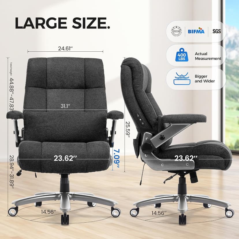 600LBS Big and Tall Massage Office Chair, Extra Wide Seat - 3D Kneading Massage & Heat Office Chair with Heavy Duty Metal Base, 3D Flip Arms, Fabric Ergonomic with Thick Spring Cushion