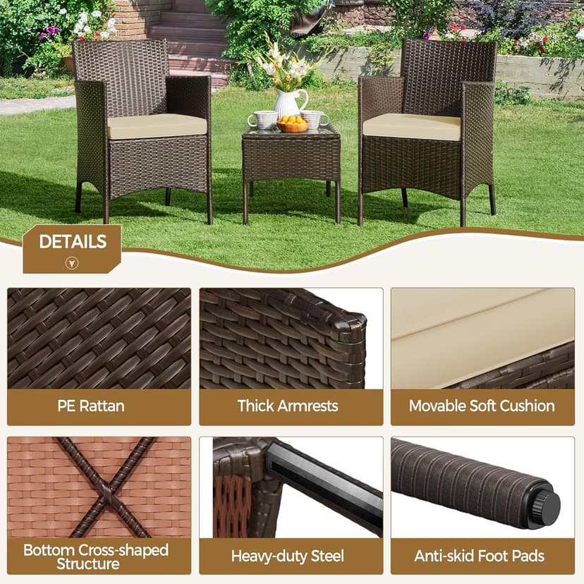 Yaheetech 3 Pieces Patio Porch Furniture Set, Outdoor PE Rattan Wicker Conversation Set with Soft Cushions, Glass Coffee Table & 2 Chairs for Garden/Deck/Courtyard/Poolside, Brown/Khaki