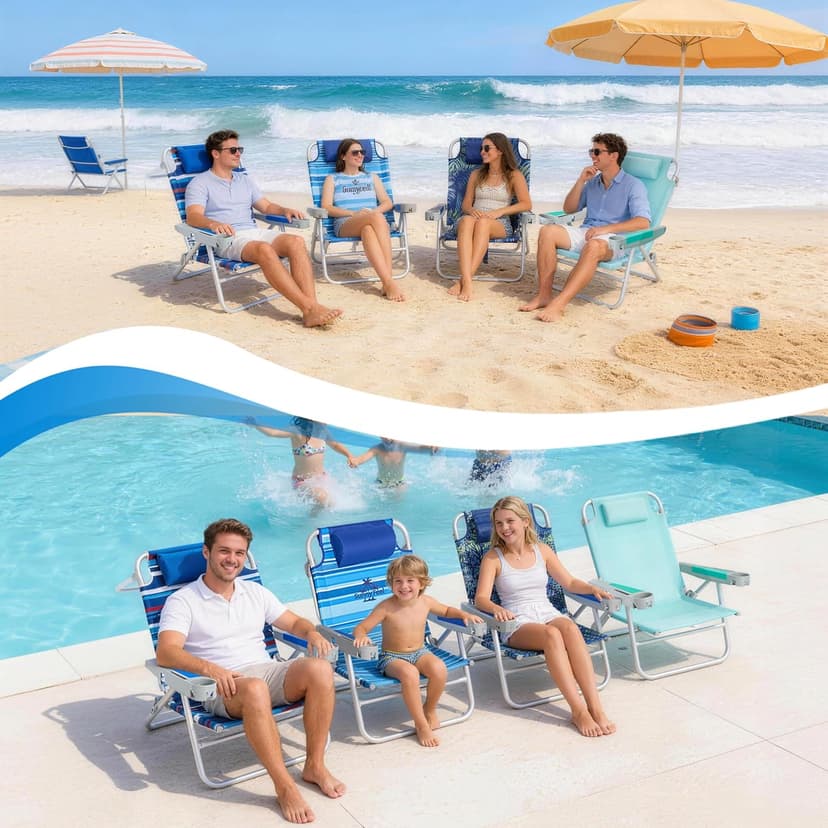 SUNNYFEEL Extra Wide Low Beach Chair 5 Position Lay Flat 500 LBS Heavy Duty, XL Oversized Portable Folding Camping Chairs with Cup Holder for Outdoor/Trip, Lightweight Backpack Beach Chair for Adults