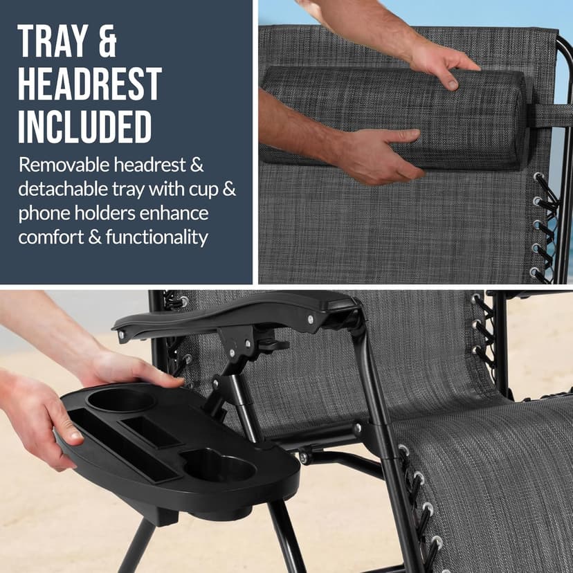 Best Choice Products Set of 2 Extra Wide Adjustable Steel Mesh Zero Gravity Lounge Chair Recliners w/Pillows and Cup Holder Trays - Gray