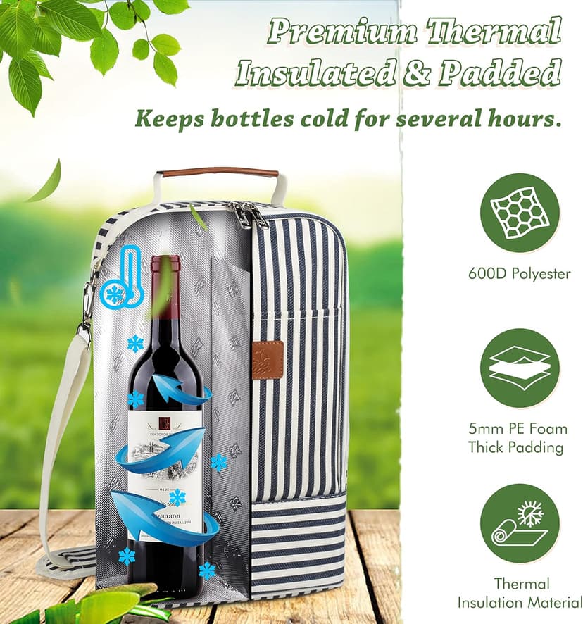 Tirrinia Insulated 2 Bottle Wine Gift Tote Bag - Wine Tumbler Glass Cooler Carrier for BYOB Restaurants, Wine Tasting, Travel, Park, Beach, Great Wine Lover Gift, Blue Stripe