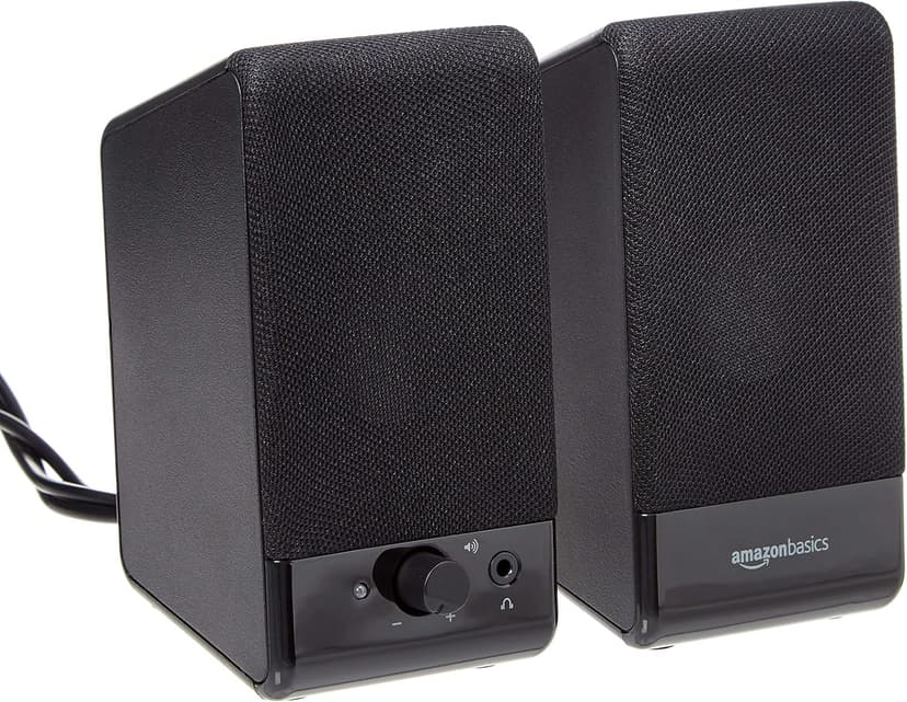 Amazon Basics USB-Powered Computer Speakers with Volume Control for Desktop or Laptop PC, Compact Size, Headphone Jack, Portable, Plug-N-Play, Black