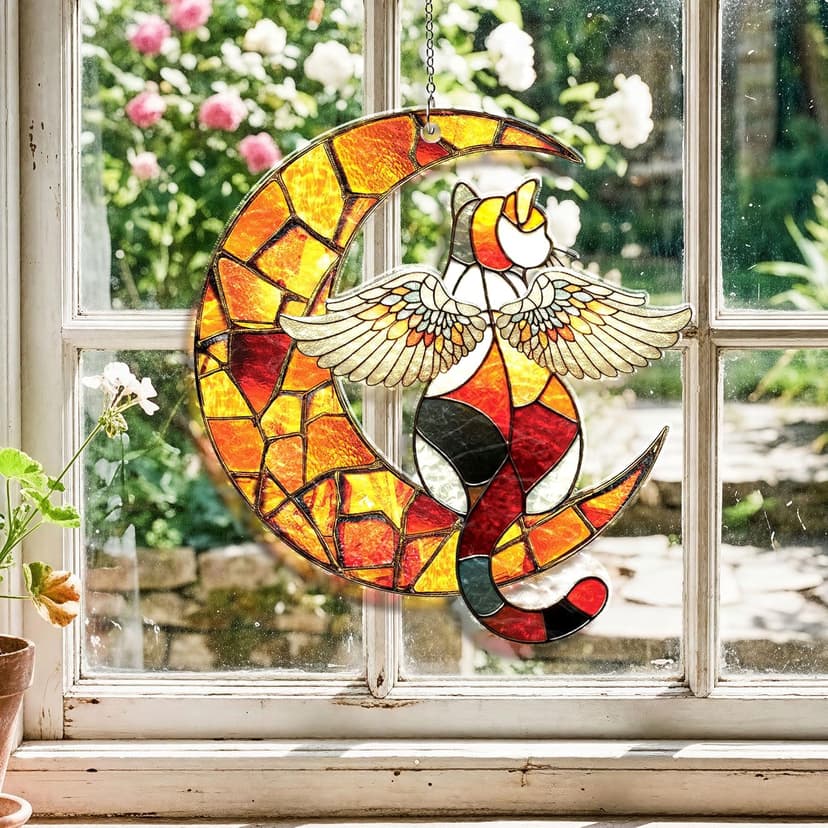 Wavy acrylic suncatcher featuring winged cat moon artwork, designed as a window hanging ornament for home décor and spaces Cat Suncatcher, Pet Memorial Gifts, Window Hanging Ornament 3 (6 Inches) B0HFW19G7L
