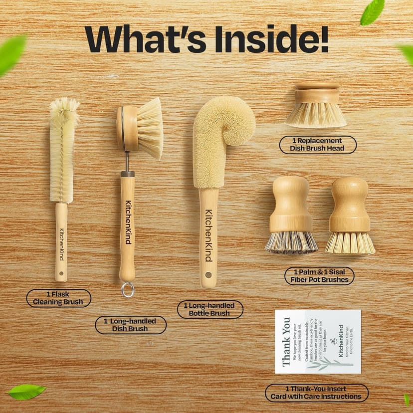 Clean & Kind Gift Set – Premium 6-Piece Eco-Friendly Bamboo Kitchen Brush Set with Natural Bristles & Wooden Handles