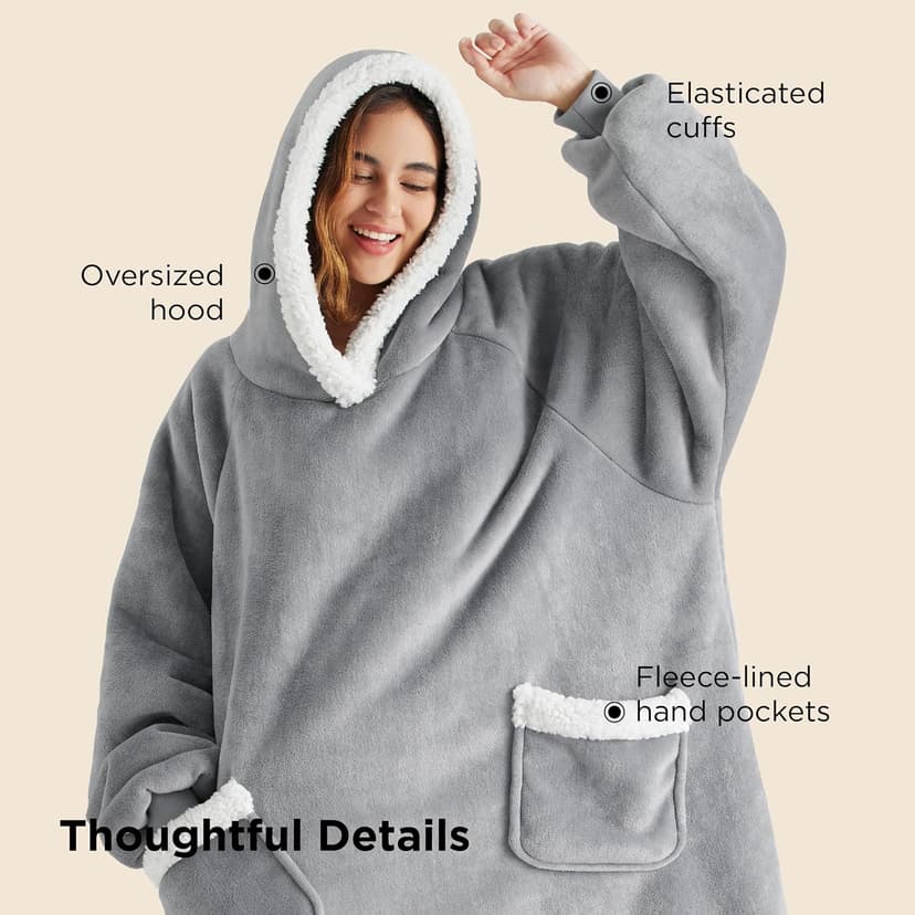 Bedsure Blanket Hoodie, Wearable Blanket for Adults & Kids as Gifts for Women Men, Birthday Gifts for Women Mom Girl Sherpa Oversized Hoodie, Grey, Standard