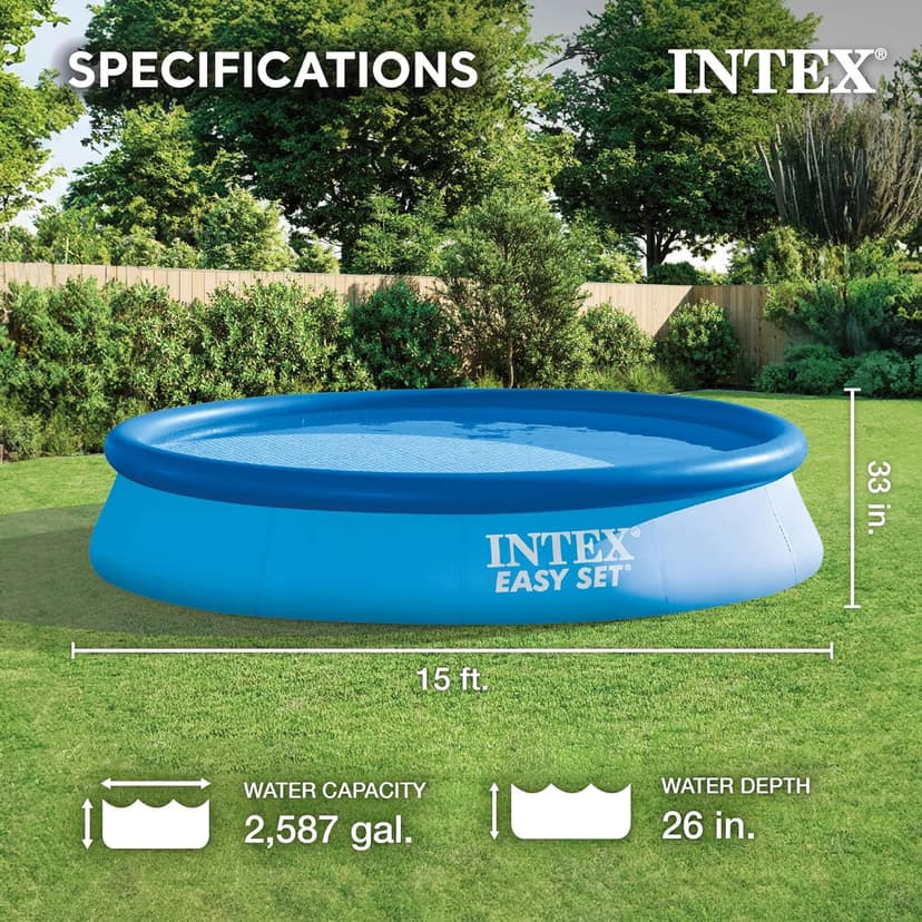 Intex 28157EH Easy Set Inflatable Swimming Pool Set: 15ft x 33in – Includes 530 GPH Cartridge Filter Pump – Puncture-Resistant Material – 2587 Gallon Capacity – 26in Water Depth