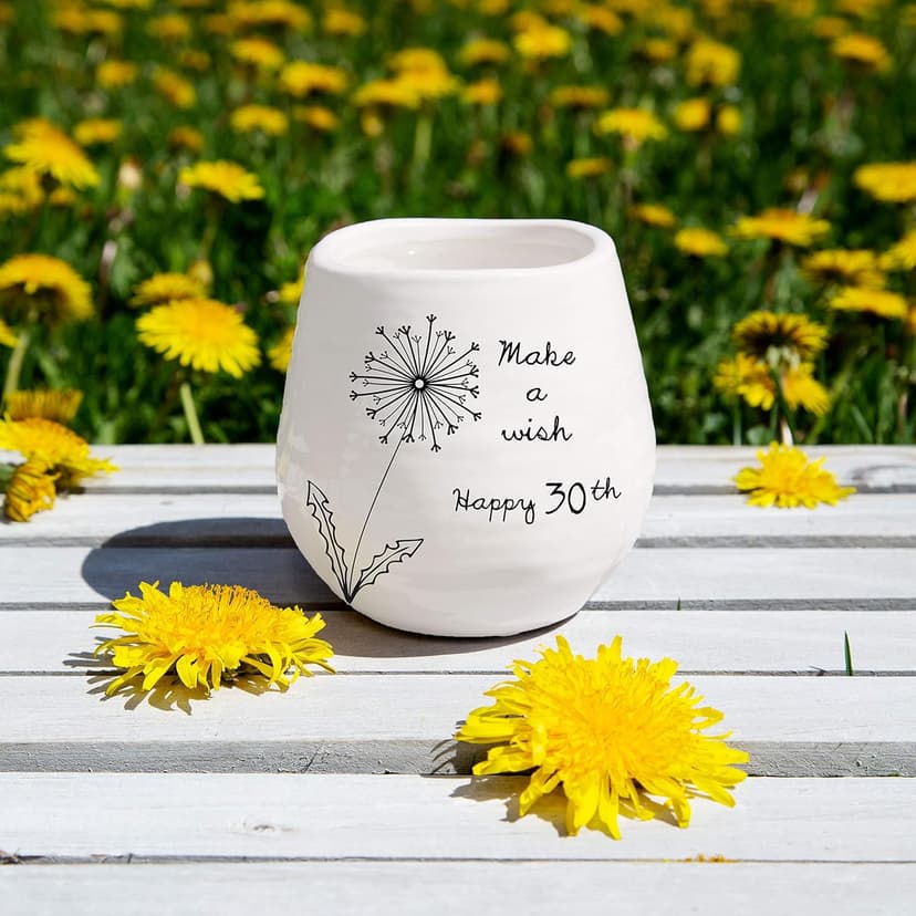 Pavilion - 8 Oz Candle Holder - White Ceramic Candle Jar with 100% Soy Wax Candle Serenity Scent "Make a wish Happy 30th" Ideal Gift for Loved Ones - Printed Text, Love Theme & Oval Shape
