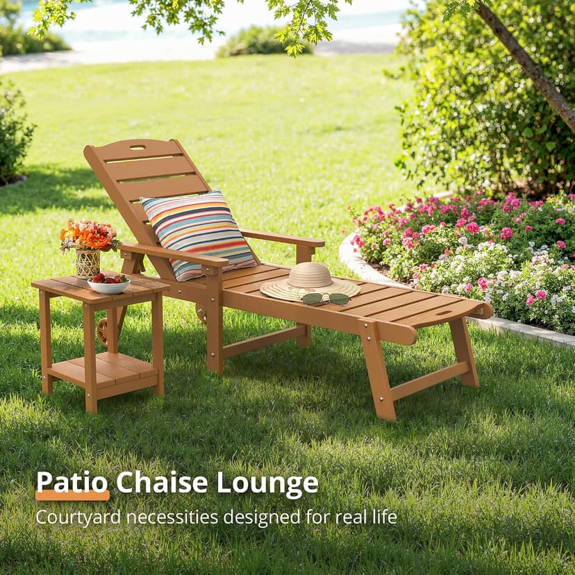 LUE BONA Outdoor Chaise Lounge Chairs Set of 2, HDPS Chaise Lounger, 5 Positions Adjustable Lounge Chairs, Pool Lounge Chair with Wheels for Poolside, Patio, Restaurant, 3 Year Warranty, Teak Color