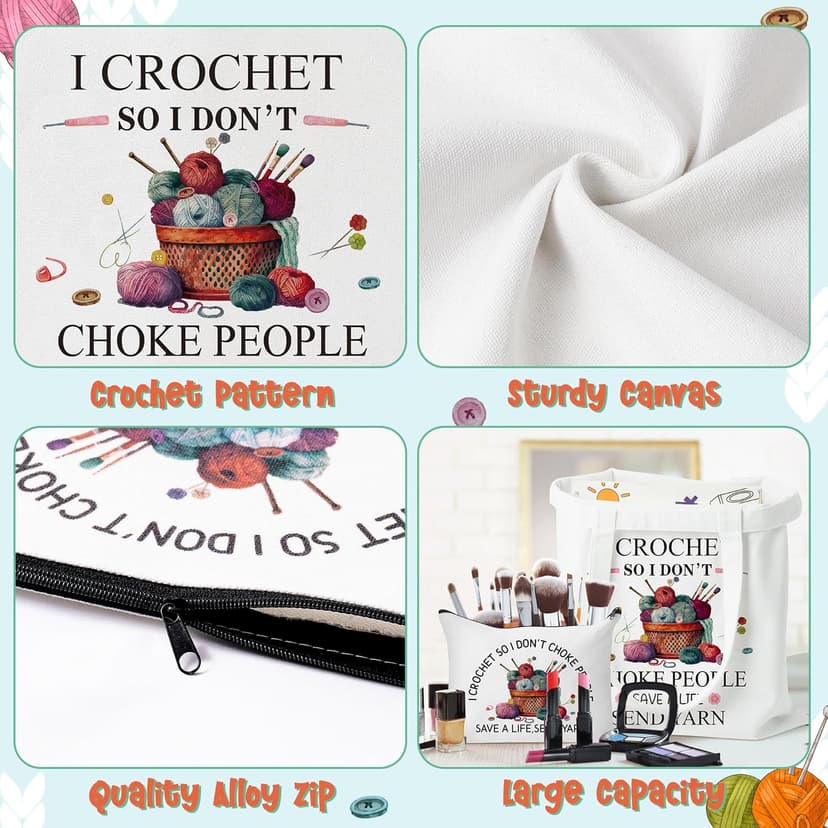 Y1tvei Crochet Canvas Tote Bag - 2Pcs Cosmetic Pouch Tote Bag Reusable Grocery Folding Shopping Bag for Crocheters Women