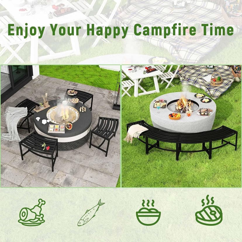 Timechee Metal Outdoor Curved Fire Pit Bench Set of 4, Fire Pit Seating Waterproof, Steel Backless Outside Tree Bench for Garden,Patio,Porch,Backyard,Heavy Duty Plant Holder, Style 3, Black