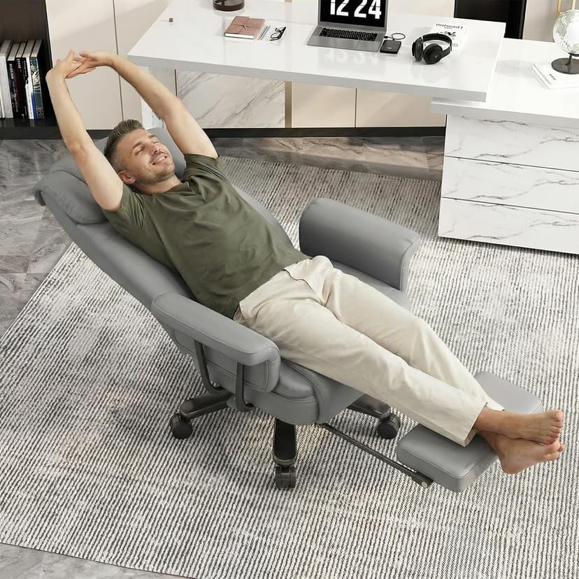 GYI Criss Cross Chair with Wheels, 160°Big and Tall Reclining Office Desk Chair with High Back, Wide Seat, Arms, Footrest, Grey