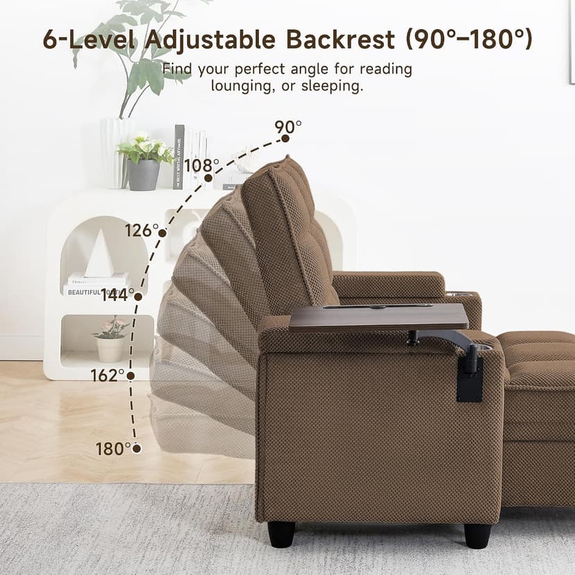41.7" Oversized Chaise Lounge Chair Indoor, Boucle Upholstered Sofa Bed with Adjustable Backrest, Deep Seat Reading Chair, Sofas Couches for Living Room, Storage, Cup Holders & 360° Swivel Side Table