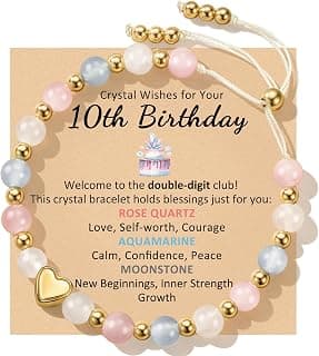 Natural Healing Crystal Bracelets, Aquamarine Moonstone Rose/Clear Quartz Adjustable Beaded Bracelet, Gifts For Teen Girls Sereney Birthday Gifts for Girls, 9-18 Year Old Birthday Crystal Bracelets B0GS1K1FNR