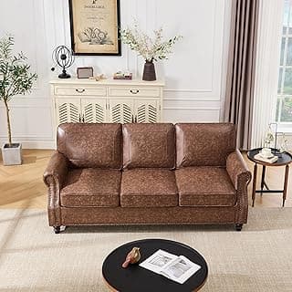 WILLOVE 79'' Faux Leather Sofas for Living Room, Mid Century Modern Couches with Rolled Arm & Nailhead Trim for Small Space, Apartment, Dark Brown