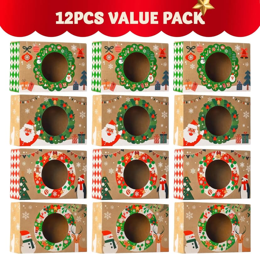 JOYIN 12PCS Christmas Cookie Boxes for Gift Giving, 8.75" x 5.75" x 2.75" Xmas Holiday Bakery Treat Boxes with Window, Kraft Cookie Tin Container Box for Baked Goods, Cupcake, Pastry, Candy, Brownies