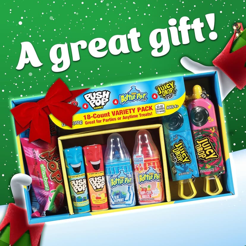 Christmas Candy Variety Pack, 18Ct Assorted Lollipops, Bulk Individually Wrapped Ring Pop, Push Pop, Baby Bottle Pop & Juicy Drop, Birthday Party Favors, Stocking Stuffers, Candy Bowls, Kids Gifts