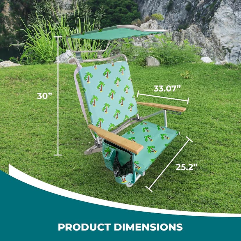 Bliss Hammocks Folding Beach Chair Recliner with Canopy Shade, Palm Tree