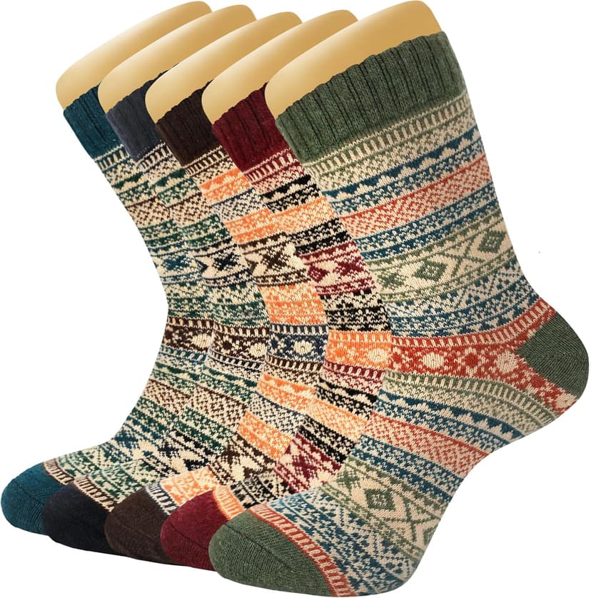 Womens Wool Socks 5 Pairs Warm Winter Knit Wool Soft Vintage Casual Crew Socks Stocking Stuffers Gifts for Women Men