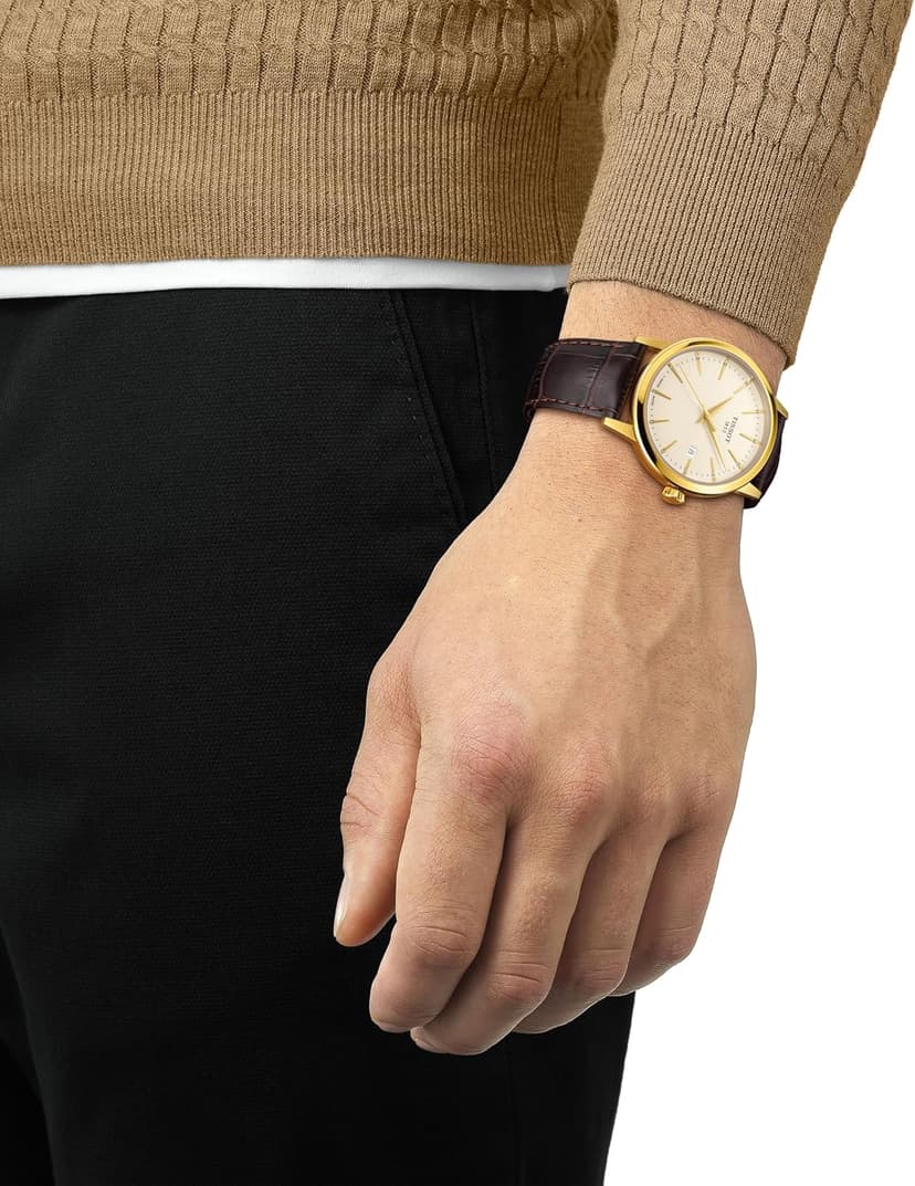 Tissot Mens Tissot Classic Dream 316L Stainless Steel case with Yellow Gold PVD Coating Quartz Watch, Brown, Leather, 22 (T1294103626100)