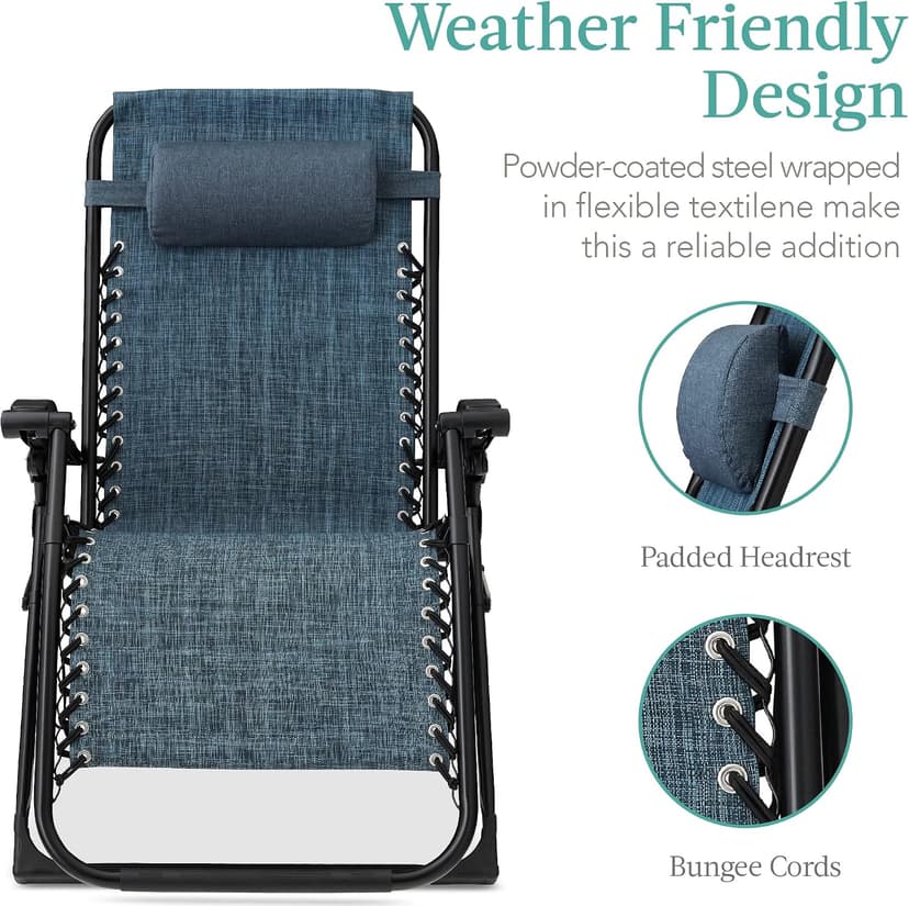 Best Choice Products Oversized Zero Gravity Chair, Folding Outdoor Patio Recliner, XL Anti Gravity Lounger w/Removable Cushion, Cup Holder, Side Tray, 350lb Capacity - Graphite Blue