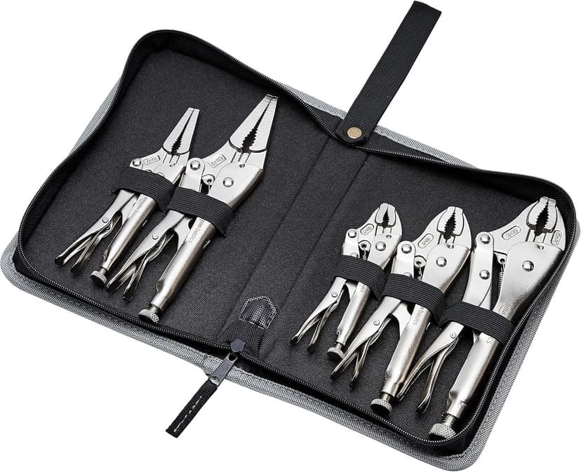 Amazon Basics 5-Piece CR-V Locking Pliers Set with Wire Cutters, 2 Straight Jaw, 3 Curved Jaw, 6.5-10 inch, Silver, Carrying Case