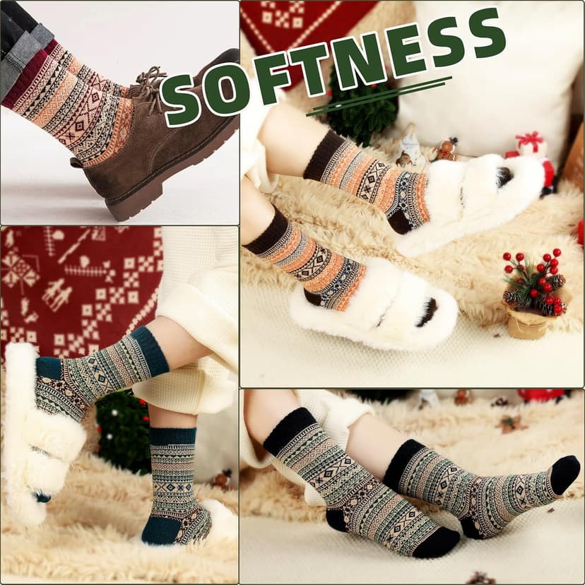 Womens Wool Socks 5 Pairs Warm Winter Knit Wool Soft Vintage Casual Crew Socks Stocking Stuffers Gifts for Women Men