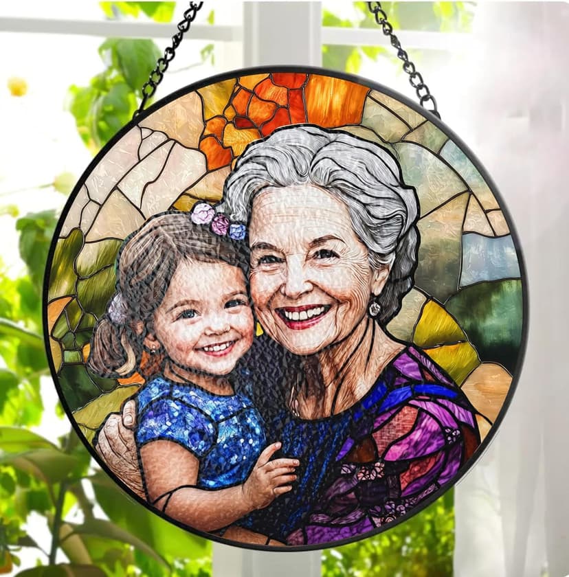 LOVELYPOD Personalized Grandma Stained Glass Sun Catcher, Photo Family Portrait Faux Window Hanging Ornament, Custom Photo Gift, Grandma Gifts, for Mom, Christmas Ornament