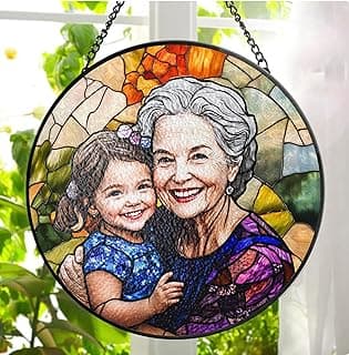 LOVELYPOD Personalized Grandma Stained Glass Sun Catcher, Photo Family Portrait Faux Window Hanging Ornament, Custom Photo Gift, Grandma Gifts, for Mom, Christmas Ornament