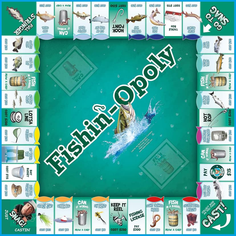Funny property trading game for families and anglers Features quick or classic play modes and durable metal-style tokens Late for the Sky Fishin'-Opoly Board Game, 2-6 Players Strategy Fishing B000HI1QPI