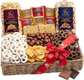 KREMERY Creamy Chocolate Cravings - Holiday Christmas Chocolate Covered Pretzels & Caramel Popcorn Gift Basket, in Seagrass Tray + Ribbon (Deluxe, 3.5 lbs) Xmas Treats Food Arrangement, Kosher