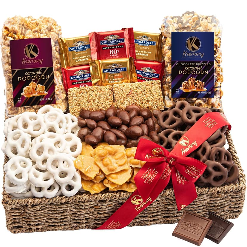 KREMERY Creamy Chocolate Cravings - Holiday Christmas Chocolate Covered Pretzels & Caramel Popcorn Gift Basket, in Seagrass Tray + Ribbon (Deluxe, 3.5 lbs) Xmas Treats Food Arrangement, Kosher
