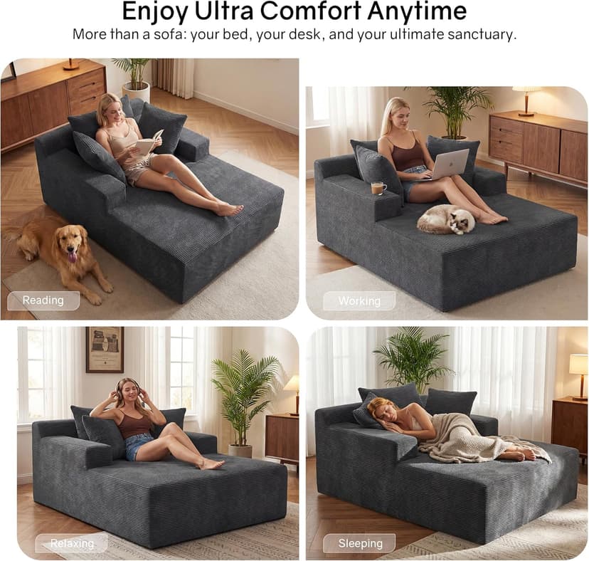 66" Chaise Lounge Chair Indoor, Oversized Boneless Lounge Chair with 3 Pillows, Corduroy Cloud Reading Chair for Living Room Bedroom, Deep Seat Sleeper Couch, No Assembly Required