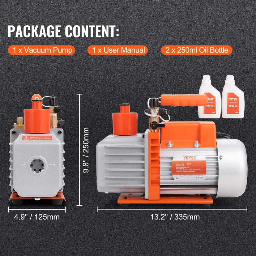 VEVOR 7 CFM Dual Stage HVAC Vacuum Pump, 1/2 HP Rotary Vane Vacuum Pump with Oil Bottle, for HVAC Repair, Refrigeration Maintenance, Resin Degassing, Compatible with R12, R22, R134a, R410a Refrigerant