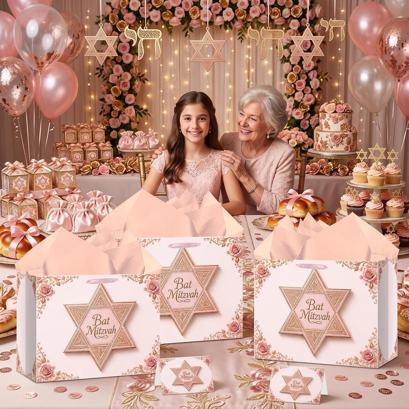 Bat Mitzvah Gift Bag Set Pink Rose Gold Star of David Paper Wrapping Bag with Ribbon Handles Tissue Paper Greeting Card All In One for Jewish Coming of Age Party Favor Celebration Decoration Supplies B0H5QYF944