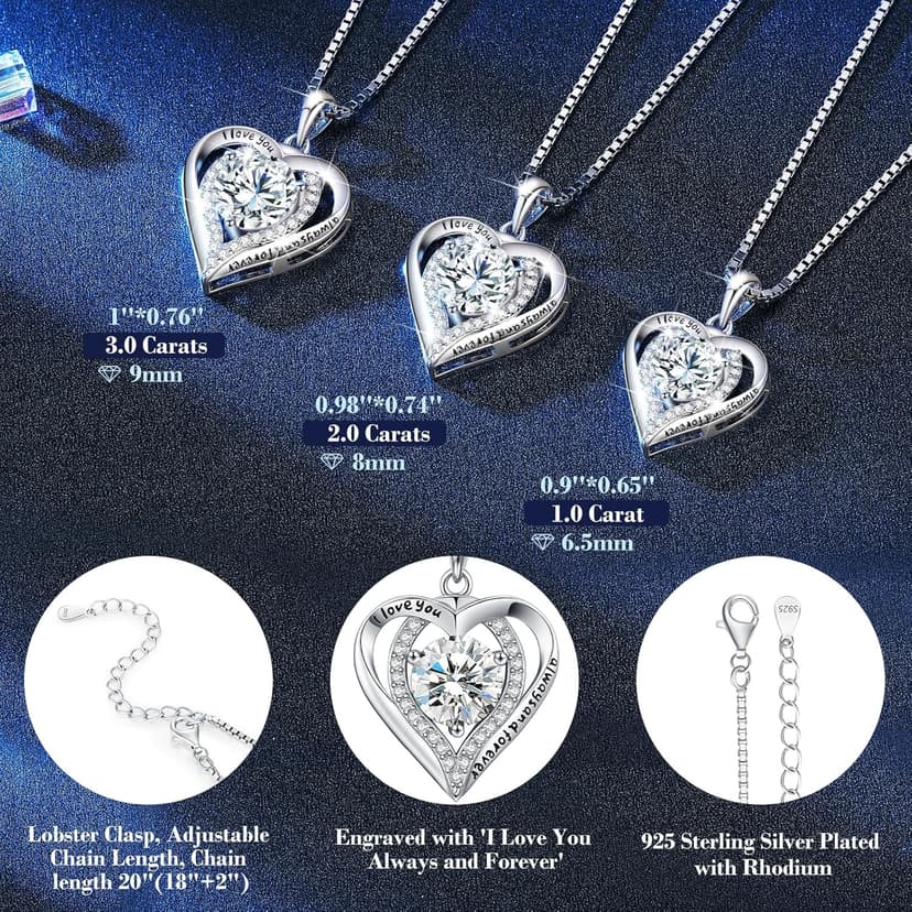 Moissanite Necklace for Women, 1-3 Carat Heart Pendant Necklace, 925 Sterling Silver, Anniversary Present for Wife, Women, Birthday Gifts for Wife, Jewelry Gifts for Christmas, Valentine's Day