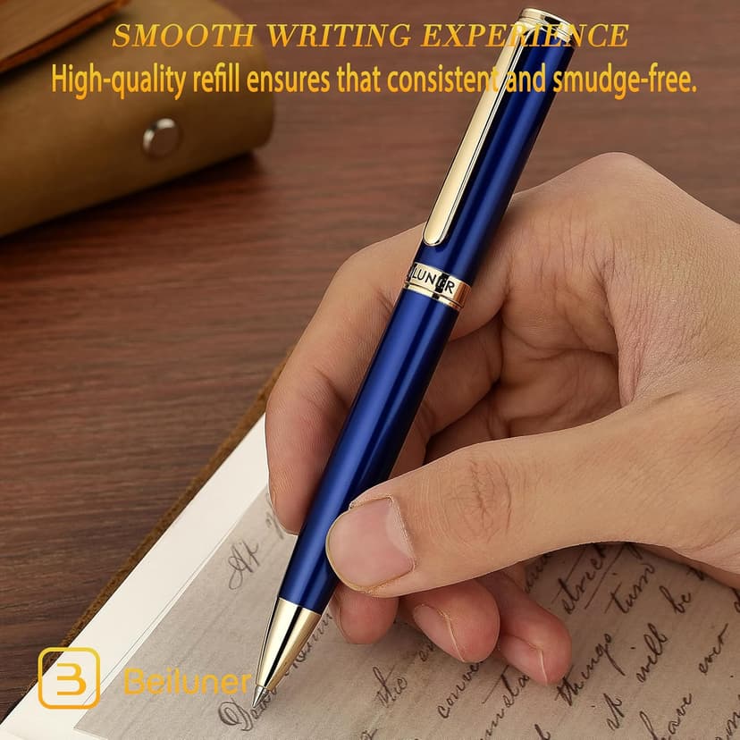 BEILUNER Blue Lacquer Gel Pen - Stunning Luxury Pen with 24K Gold Finish, ADMOK Black Refill, Executive Gift Set for Family & Friends, Writing, Fancy, Office, Retractable Pens