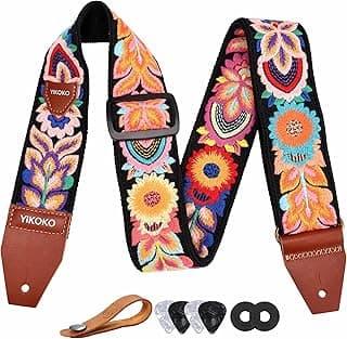 YIKOKO Guitar Strap,2 inch Flower Knit Cotton Guitar Straps with Full Grain Leather End, for Bass Electric and Acoustic Guitars, Free Strap Button, 2 Strap Locks and 4 Guitar Picks