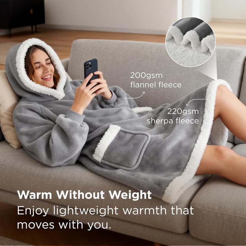 Bedsure Blanket Hoodie, Wearable Blanket for Adults & Kids as Gifts for Women Men, Birthday Gifts for Women Mom Girl Sherpa Oversized Hoodie, Grey, Standard