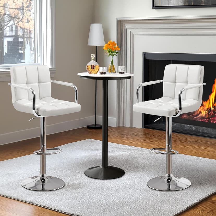Yaheetech Bar Stools Set of 2, PU Leather Adjustable Swivel Barstools, Hydraulic Kitchen Counter Height Bar Chairs with Armrest and Back for Bar, Kitchen, Dining Room, White