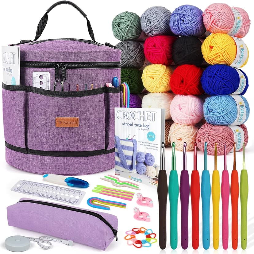Katech Crochet Kit for Beginners, Beginner Crochet Kit for Adults-Crochet Kits Includes Crochet Hooks Knitting Bag Crochet Yarn for Crocheting Instruction Knitting Kit Crochet Supplies Gift