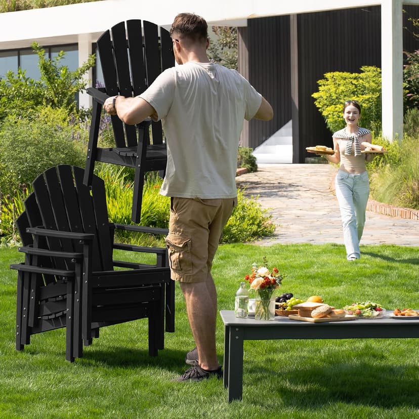 nevilywood Compact Stackable Adirondack Chairs Set of 4, 26.3" Wide HDPE Outdoor Patio Chairs - Durable, Space-Saving Design for Porch, Lawn or Garden, Black