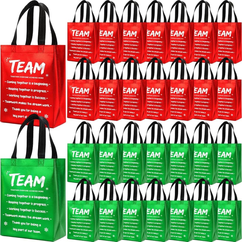 SilTriangle 30 Pcs Christmas Team Appreciation Gift Bags Bulk Xmas Green Red Bags with Handle 7.87 x 10.23 x 3.93 Inch Reusable Totes for Employees Coworker Staff Christmas Party Favors Supplies