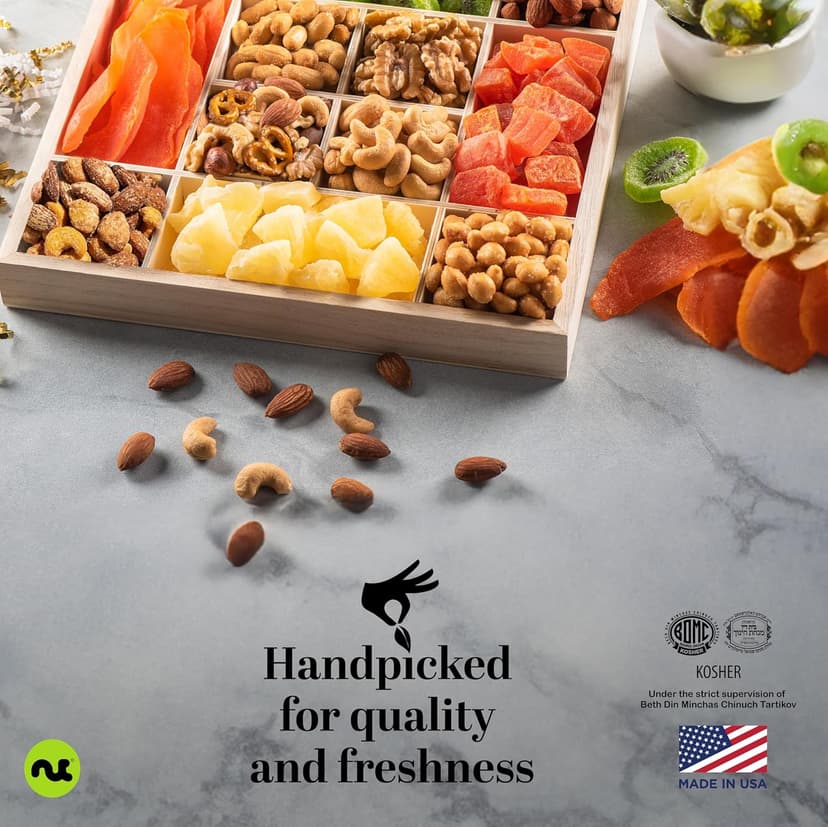NUT CRAVINGS - Holiday Christmas Dried Fruit & Mixed Nuts Gift Basket in Reusable Wooden Tray + Ribbon (12 Assortments) Xmas Treats for Adults, Food Arrangement, Healthy Snack Care Package, Kosher