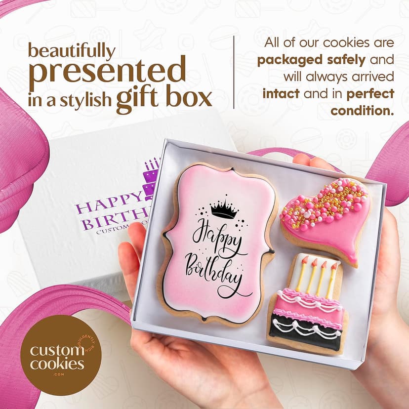 Happy Birthday Gift Basket Custom Sugar Cookies - Happy Birthday Cookies in Gift Box, Hand Decorated Kosher Treats for Women, Her, Wife - Bakery & Dessert Gifts as a Birthday Cake